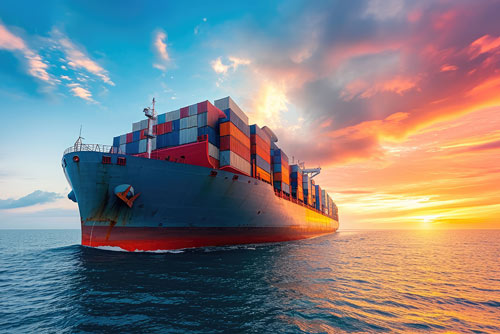 Container ship at sea beneath a colourful sunset