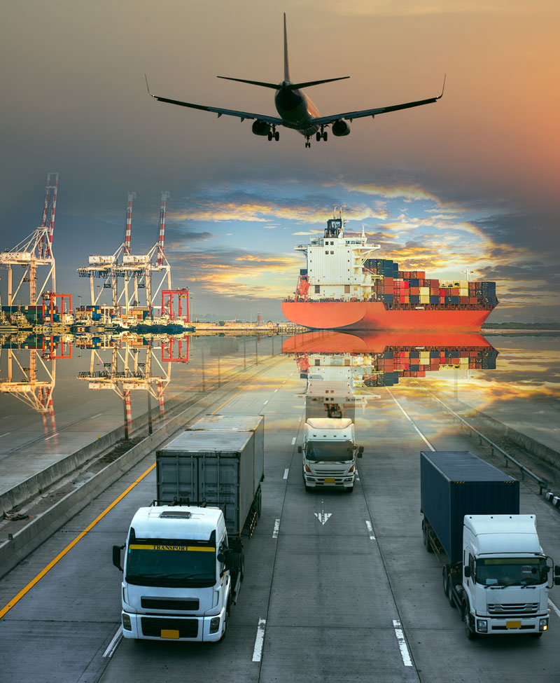 Aircraft, container ship and lorries representing Atlantic International’s freight services